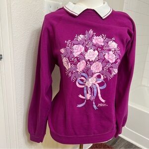 Purple pink floral bouquet vintage collared crewneck sweatshirt coquette cottage